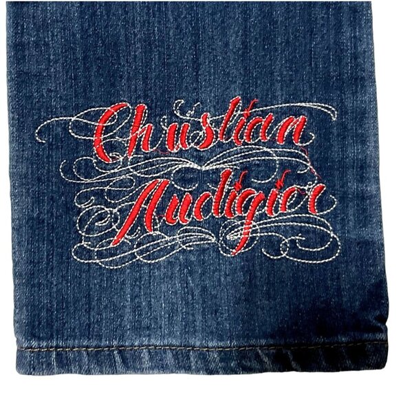 CHRISTIAN AUDIGIER LOW RISE BOOTCUT JEANS SZ 31 BLUE EMBROIDERED RHINESTONE WOME - Picture 2 of 7